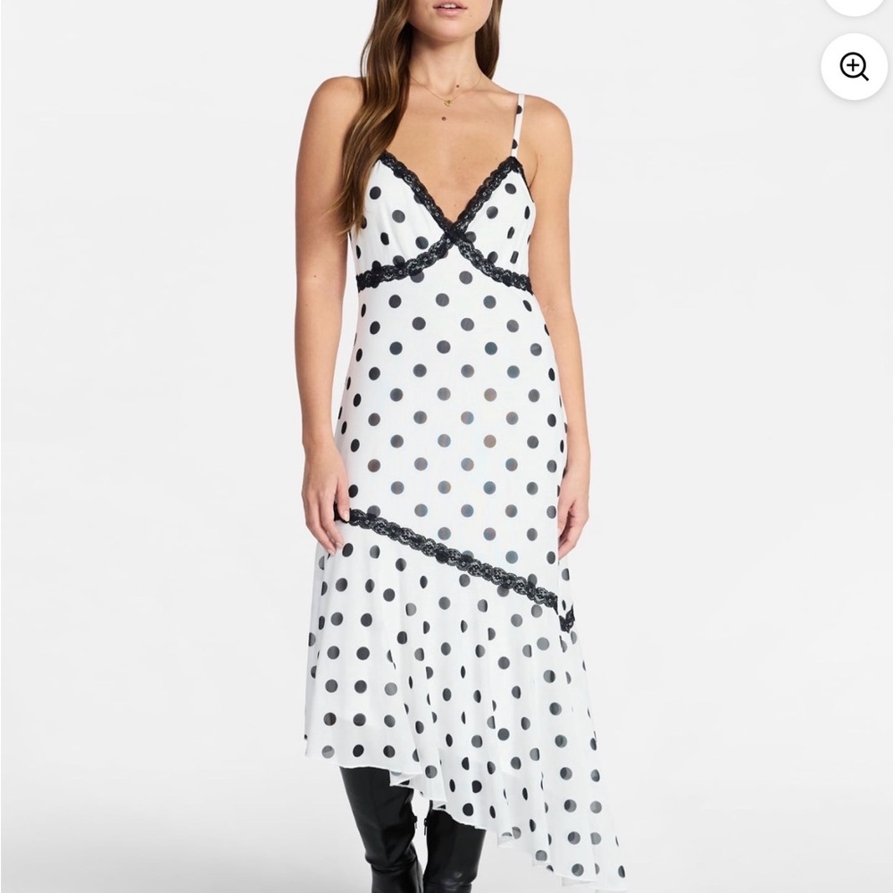 Black & White Polka Dot Lace-Trim Slip Midi Dress